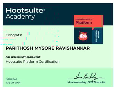 Parithosh Mysore Ravishankar's hootsuite platform certification