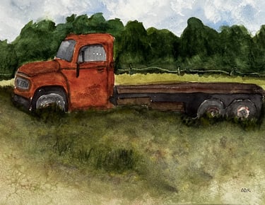 a painting of a truck with a flat bed in a pasture