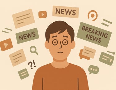 Persona abrumada por titulares flotantes y noticias catastroficas