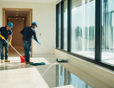 deux hommes nettoyant une pièce après travaux avec un balai 