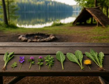 Selection of wild edible plants and herbs arranged on picnic table beside forest shelter