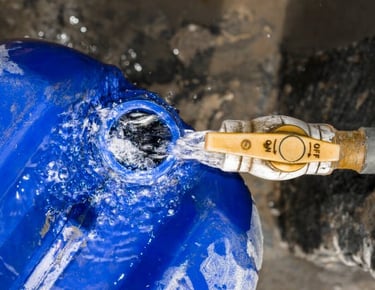 a blue water tank with a hose attached to it