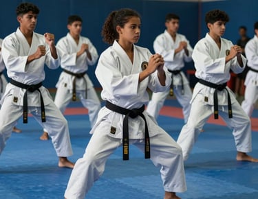 A group of Brazilian youth in white kimonos practicing martial arts on a blue mat, energetic and disciplined environment, dynamic action shot with cinematic lighting.