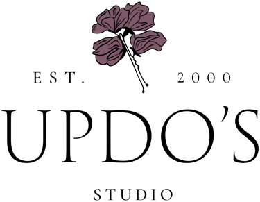 Updo’s Studio secondary logo with mauve floral emblem, clean wordmark, wedding hair and makeup brand.