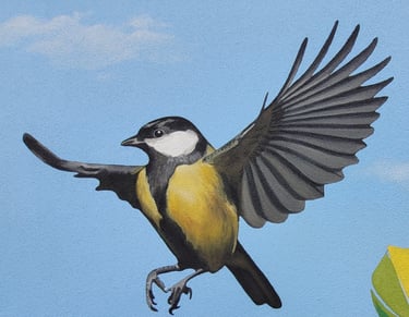 Détail de la peinture d'une fresque murale: une mésange prend son envol. Viry, Jura, 39.