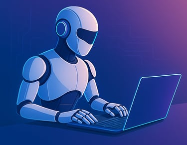 a robot is sitting at a laptop computer