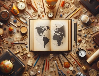 a book opened to show a world map