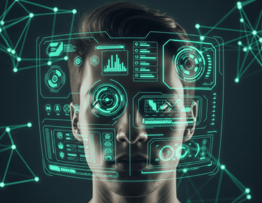 Futuristic brain interface: a human head with a dashboard UI overlay, illustrating a high-tech connection to the mind