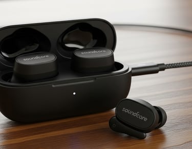 um par de fones de ouvido com um cabo de carregamento conectado a um carregador