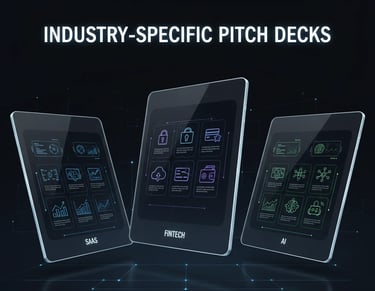 A high-tech digital graphic featuring three tablets displaying neon-themed pitch deck layouts for Sa