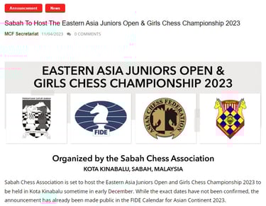 Sabah To Host The Eastern Asia Juniors Open & Girls Chess Championship 2023. Chess Clicks. 