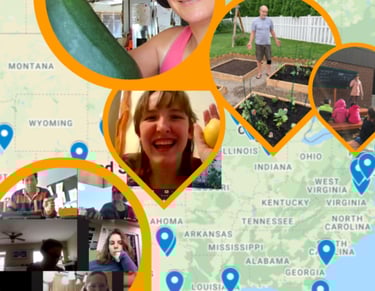 A map with photos of people and their gardens all over the United States. 