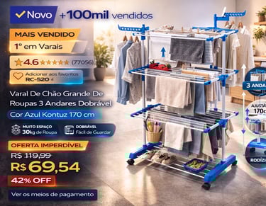 Varal de chão de 3 andares dobrável azul com rodízios para secagem de roupas em área de serviço.