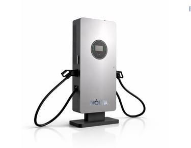iVoltia 60-80kW commercial EV charging station with dual charging cables and digital display.