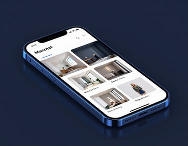 Modern smartphone displaying an interior design portfolio website with clean minimalist layouts, sharp focus, glowing electric blue ambient lighting