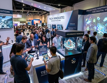 Crowded technology trade show booth featuring VR headsets, holographic displays, and AR product demos.