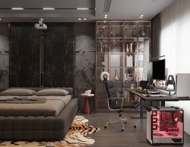 Modern luxury bedroom featuring a gaming setup with a custom PC, ergonomic chair, and plush tufted bed.