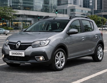 carro pequeno Renault Sandero cinza estacionado em avenida da cidade