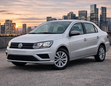 sedans aspirados até 65 mil Volkswagen Voyage 2023 prata de frente em cidade moderna