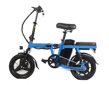 a blue electric bike with a black seat