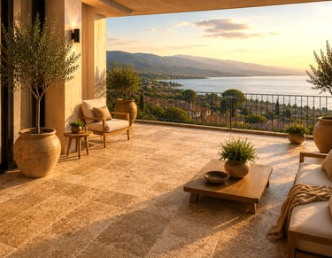 Terrasse avec carrelage effet pierre grand format et finitions haut de gamme offrant une vue sur le 