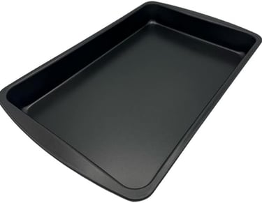 a black rectangular baking dish with a black plastic tray