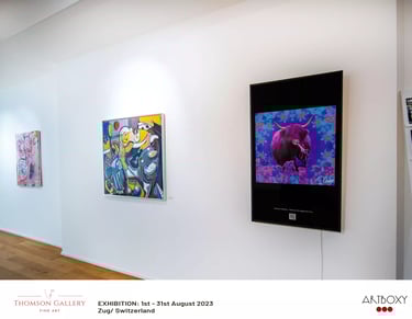Image of a Pop Art Highland Cow appearing on a digital screen in an art gallery.