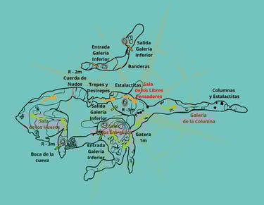 Topografía completa de la cueva de la Limosna con salas, recorridos y zonas de progresión interior