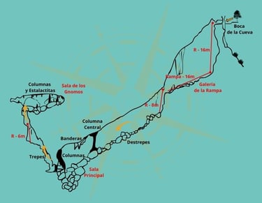Topografía completa de la sima de la Curra con salas, recorridos y zonas de progresión interior