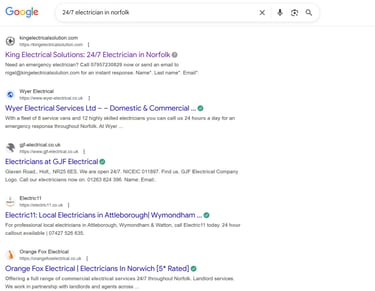Screenshot of Google to show King Electrical Solutions as top organic result