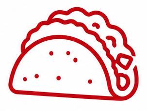 Un icono de dibujo lineal rojo de un taco mexicano con tortilla dura y relleno sobre un fondo blanco