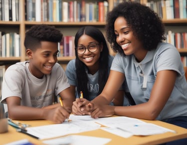 A caring mentor helping a foster youth with homework in a cozy, welcoming setting.