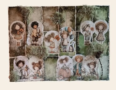 Regalo fine anno maestra, quadro materico bosco con collage di bambini, animali e muschio vero in rilievo. - Guance Rosse