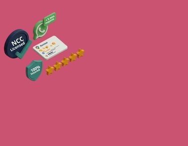 NCC licensed and 100% insured service icons with customer reviews and WhatsApp support.