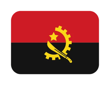 The national flag of Angola featuring a yellow machete, gear, and star on a red and black background.