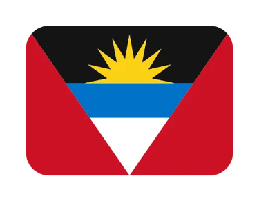 The national flag of Antigua and Barbuda featuring a rising sun, red triangles, and black, blue, and white stripes.