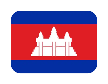A rounded rectangular flag of Cambodia featuring Angkor Wat on a red and blue background.
