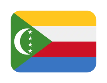 National flag of Comoros with green triangle, white crescent, stars, and yellow, white, red, blue stripes.