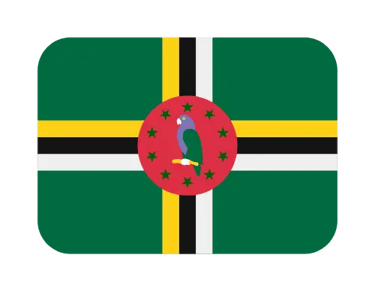 The national flag of Dominica with a Sisserou parrot emblem on a green field with a tri-color cross.