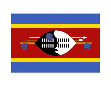 National flag of Eswatini featuring blue, yellow, and crimson stripes with a traditional Nguni shield and spears.