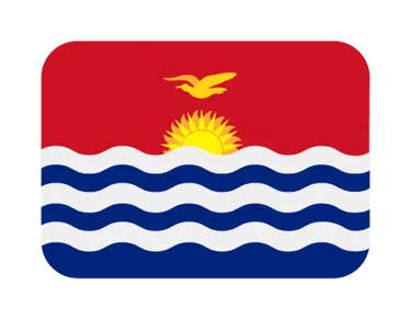 The national flag of Kiribati featuring a frigate bird flying over a rising sun and blue and white ocean waves.