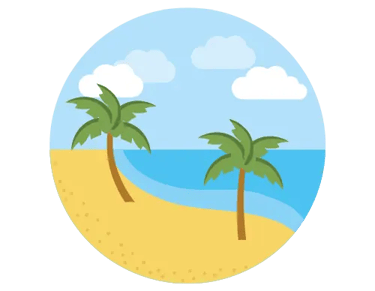 Tropical beach illustration with palm trees, blue ocean water, and white clouds.