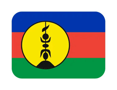 The flag of New Caledonia featuring horizontal blue, red, and green stripes with a yellow emblem.