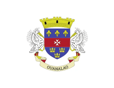 Official flag of Saint Barthelemy featuring the island's coat of arms with pelicans and a mural crown.