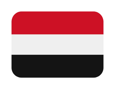 A rounded rectangular icon of the Yemen flag featuring red, white, and black horizontal stripes.