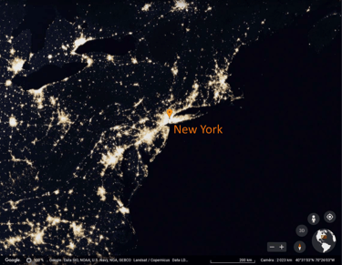 Image satellite de la côte Est des États-Unis la nuit