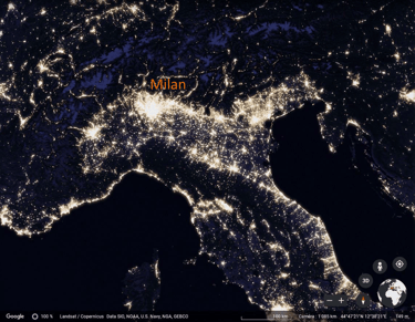 Satellite image of northern Italy at night