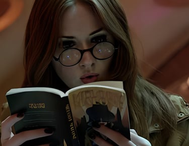 a woman in glasses and a jacket is reading a book