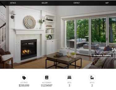 Real estate listing preview featuring a living room with listing details and CTA buttons