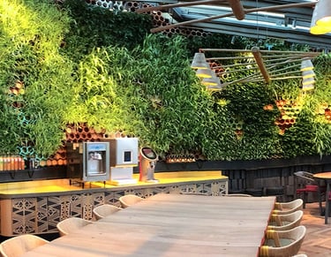 A vibrant living wall acting as a natural divider in a restaurant in Indiranagar, Bangalore